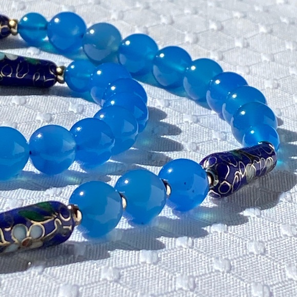 14k Gold Blue Cloisonné & Jadeite Jade Bead Necklace 24" - Picture 15 of 15